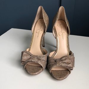 Jessica Simpson Bow Open Toe Gold Shimmer Pump